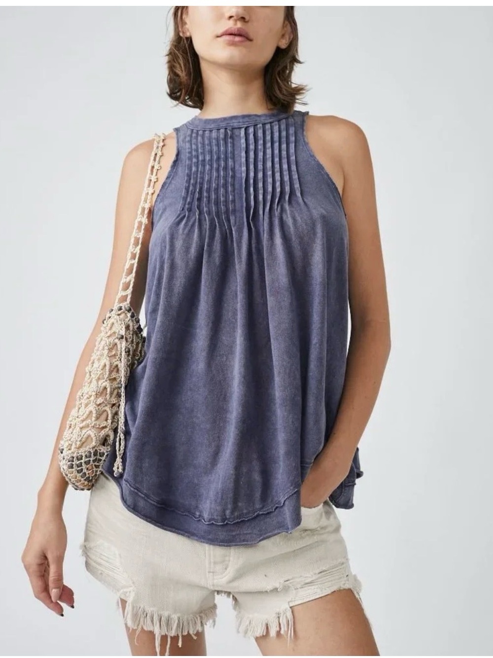 Free People Go To Town Oversized Pintuck Tank Medium Tempest Cotton